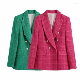 Women's Suits Women 2023 Casual Coats Spring Chic Ornate Buttons Tweed Long Pink Blazers Femme Thick Green Jackets Blue