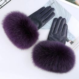 Five Fingers Gloves Sheepskin Natural Fur Trimming Gloves Women's Genuine Leather Wrist Warmer Glove Winter Warm Fashion Mittens Fleece Lining 231017