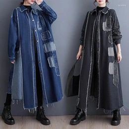 Women's Trench Coats Vintage Denim Dress 2023 Autumn/Winter Loose Fit Oversized Retro Wash Printed Patch Windbreaker Coat Breasted Tops