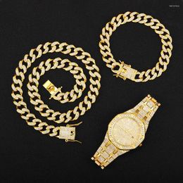 Pendant Necklaces Necklace Watch Bracelet Hip Hop Miami Curb Cuban Chain Gold Color Iced Out Paved Rhinestones CZ Bling Rapper Jewelry For