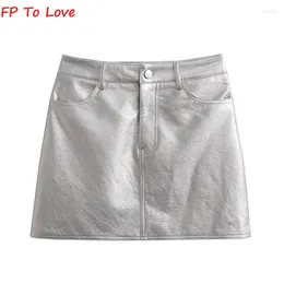 Skirts FP To Love French Silver PU Mini Metallic Sexy High Waist Hip Skirt Chic Retro Short A-Line Metal