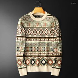 Men's Sweaters High Quality Knitted Pullover Sweater Ethnic Retro Contrast Stitching Social Dress Shirt Streetwear Clothing Men Long Sleeve