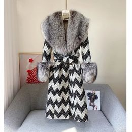 Womens Fur Faux Winter Women Wool Blends Long Coat Real Sliver Collar Cuffs Thick Warm Jacket T Plaid Luxury Female 231017