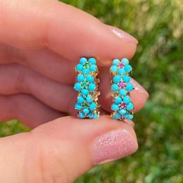 2021 Spring New Fashion Women Jewelry Gold Color Prong Set Blue Turquoises Stone Flower Hoop Earring2855