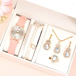 Wristwatches 6PCS Set Fashion Women Jewellery Watches Simple Ladies Pink Leather Quartz Watch Womens Necklace Earrings Bracelet Wrist