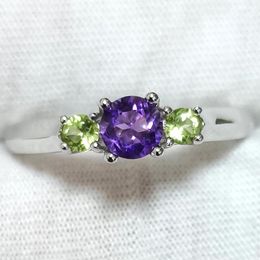 Cluster Rings Natural Purple Amethyst Ring For Women 925 Silver Peridot Side Gemstones Lucky Band Jewellery Birthday Gift R134APN