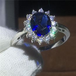 Royal Jewellery Princess Diana 100% Real 925 Sterling silver ring Blue 5A Zircon Cz Engagement wedding band rings for women Bridal3570