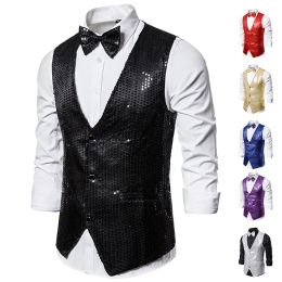 Mens Black Sequins Nightclub Vest with Bowtie Slim Fit Wedding Prom Waistcoat Men DJ Bar Stage Singer Vest Men Chaleco