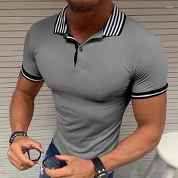 Men's Polos Summer Solid Colour Polo Shirt Short Sleeve Stripe Turn-Down Collar Button Tshirts For Men Casual Streetwear Male Tops