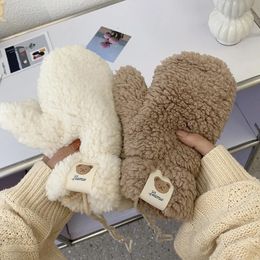 Five Fingers Gloves Kawaii Plush Warm Gloves Soft Winter Thick Fingerless Korean Japanese Bear Gloves With Ropes Casual Outdoor Riding Mittens Warm 231017