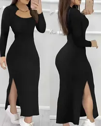 Casual Dresses Womens 2023 Spring Fashion Chain Decor Cutout High Slit Asymmetrical Neck Plain Long Sleeve Daily Maxi Dress