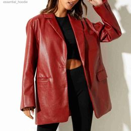 Women's Leather Faux Leather wsevypo PU Faux Leather Blazers Jackets Vintage Classic Solid Lel Loose Coats Women Outerwear Fall Winter Fe Leather Suits L231018