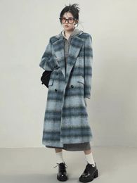Womens Wool Blends Autumn Winter Long Warm Blue Plaid Woolen Coats Woman Outwear Korean Fashion Elegant Jacket Breasted Loose Clothing Design 231018
