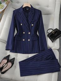 Women's Two Piece Pants Fashion S-8XL Office Ladies Formal Pant Suit Set Women Blue Striped Female Business Work Wear 2 Blazer Jacket And