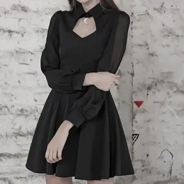 Casual Dresses Black Gothic Women Mini Dress 2023 Autumn Lady Hollow-out Mesh Patchwork Transparent Long-sleeve Crescent Pendant Dark