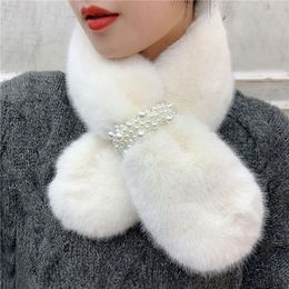 Scarves Korean Women Pearl Faux Fur Collar Cross Plush Scarf For Female Winter Outdoor Thicken Neck Protection Warm Shawl Gifts