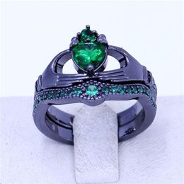 New claddagh ring Birthstone Jewelry Wedding band rings set for women Green 5A Zircon Cz Black Gold Filled Female Party Ring250W