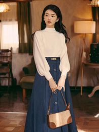 Casual Dresses Winter Women 2 Piece Set Vintage Lantern Sleeve Pullover Sweater & Blue Midi Skirt With Belt Modern Elegant Office Lady