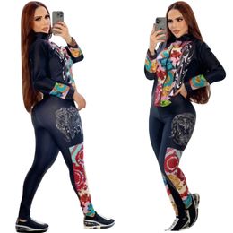 Fashion Two Piece Pants Tracksuit Women Casual Print Zipper Jacket and Sweatpants Sets Free Ship