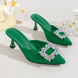 Dress Shoes 2023 Style Pointed Toe Crystal Diamond Thin Low Heel Summer Fashion Ladies Ankle Strap Lace-Up Party Pumps