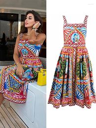 Casual Dresses Printed Holiday Mid Dress Women Single Breasted Sleeveless Spaghetti Strap Slim A-line Female High Waist Backless Robe