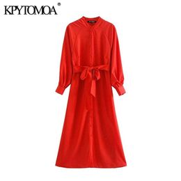 Women Elegant Fashion Office Wear Buttons Midi Dress Long Sleeve With Belt Female Dresses Vestidos Mujer 210420244F