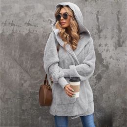 Womens Fur Faux Long Coat Hooded Jackets Open Front Loose Lapel Thick Warm Female Coats with Double Pockets 231017