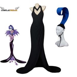 Villain Yzma Cosplay Costume Sexy Black Floor Length Dress Blue Hat Suit Adult Women Girls Halloween Party Costume Set Plus SizeCosplay