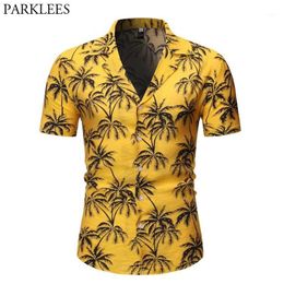 Plam Tree Print Hawaiian Aloha Shirts 2020 Summer Fashion Short Sleeve Yellow Beach Shirts Mens Casual Party Holiday Chemise 2XL12002