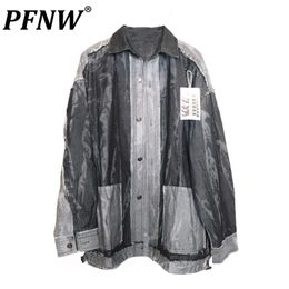 Men's Jackets PFNW Spring Autumn Men's Denim Jackets Print Graphic Raw Edge Splicing Colors Harajuku Fashion Vintage Casual Coats 28A0421 231017