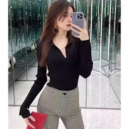 Women's Sweaters Autumn And Winter Simple Metal Logo Stretch Slim Anti-strip Small V-neck Sweater