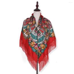 Scarves 130 130cm Women Big Square Scarf Russian Style Girl Shawl Retro Fringed Cotton Tassel Hijab Wraps Ethnic Sun Bandana