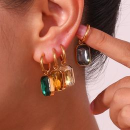 Hoop Earrings Vintage Chunky Gold Plated For Women Stainless Steel Zirconia Crystal Geometric Square Piercing Jewellery
