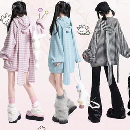 Frauen Hoodies 2023 Lose Streifen Ohr Gestrickte Frauen Mit Kapuze Zip Up Sweatshirts Y2k Herbst Nette Strickjacke Mantel Kpop Kawaii kleidung