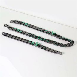 Europe America Men Black-colour Metal Engraved V Initials Green Enamel Setting Diamond 2054 Chain Links Necklace Bracelet Jewelry 231C