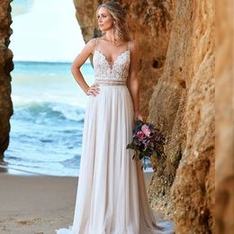 Sexy Backless Chiffon Bohemian Wedding Dress Lace Applique Sleeveless Beach V-Neck Bridal Gown Robe De Mariee