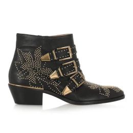 New Brand luxury women boots Fashion genuine leather women gold studded strap ankle boots low heel spike boots