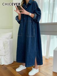 Casual Dresses CHICEVER Oversize Denim For Women Lapel Long Sleeve Patchwork Button Solid Straight Side Split Maxi Dress Female Autumn