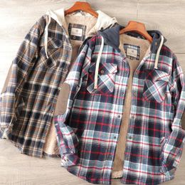 Men's Jackets American Style Winter Flannel Hoodie Plaid Shirt Coats Casual Button Down Warm Thick Fleece Lining Ourwear Jacket Man