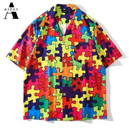 Colourful Puzzle Print Short Sleeve Shirt Mens Summer Beach Hawaiian For Men Japanese Streetwear Hip Hop Button Up Men's Casua287Q