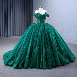 Green Sparkly Emerald Ball Gown Quinceanera klänningar från axeln 3d blommig gillter kjol söt 15 vestidos verde esmeralda