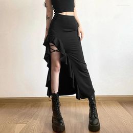 Skirts Goth Dark High Split Ruffles Side Y2k Maxi Elegant Mall Gothic Bandage Sexy Partywear Women Grunge Waist Long Skirt