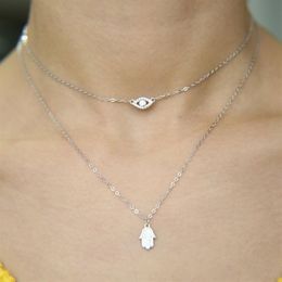 Guarantee 925 sterling silver Jewellery lucky charm hamsa hand evil eye double layer women elegance lovely necklace jewelry258Y