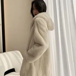 Women's Fur Thick Warm Winter Coat For Lady Begie White Elegant Faux Mink Jacket With Hood Pockets Long Sleeve Furry Overcoat Women 2023