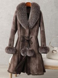 Women's Wool Blends ZDFURSOriginal Rabbit Fur Coat Women 'S MidLength Collar Slim Fit WaistTight Whole Skin Leather 231017