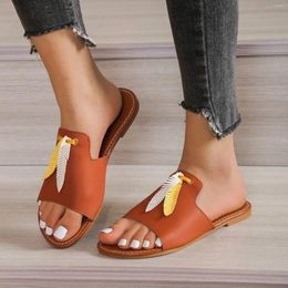 Sandals Womens Ladies Fashion Solid Color Feather Shaped Decorative Open Toe Flat Bottomed Casual Brown L5