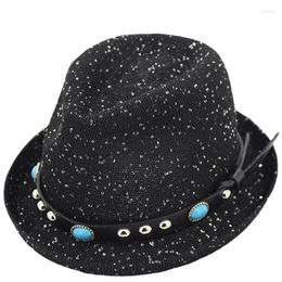 Berets British Unisex Cowboy Hat Western Retro Black Gem Jazz Women's Rivet Woolen Top Short Brim Fedora Hats Performance Party