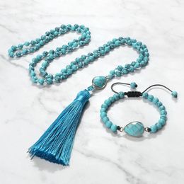 Necklace Earrings Set Natural Stone Jewelry Japamala 108 Beads For Women Men Yoga Meditation Bracelet Bohemian Blue Tassel Rosary Pendant