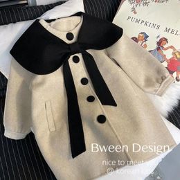 Jackets Coat Girls Woollen Cloth Winter Season Korean Childrens Clothing Children Lapel Collar Bow Knot Long Sleeve Button