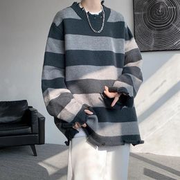 Men's Sweaters M-8XL Plus Size 2023 Autumn Contrast Color Striped Sweater Men Fashion Winter Round Neck Long Sleeve Loose Casual All-match